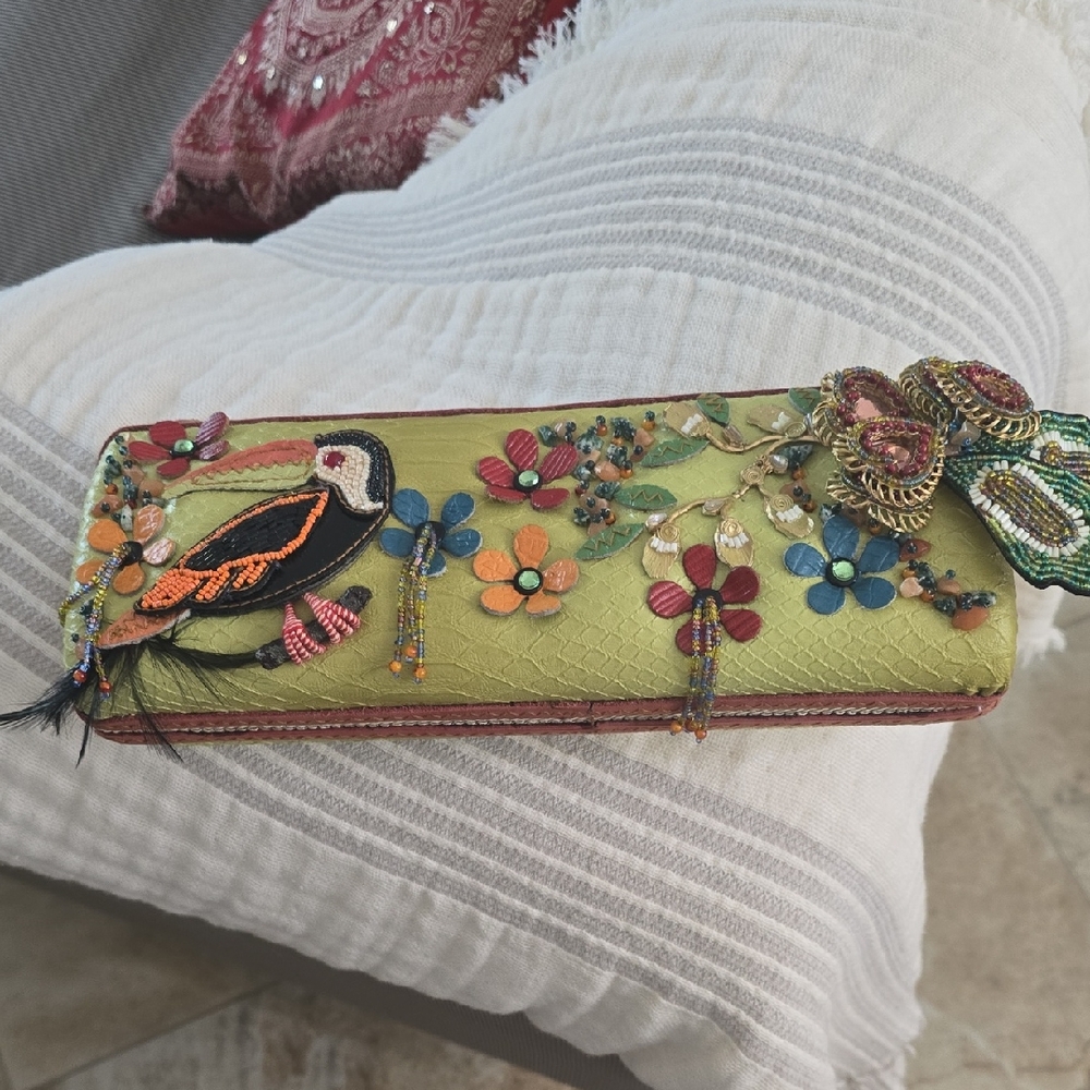 Mary Frances Lime Green Embellished Bird & Floral Wristlet Clutch